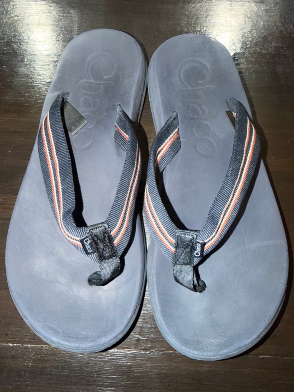 Chaco Navy Blue Flip Flops with Black Straps and Orange Stripe